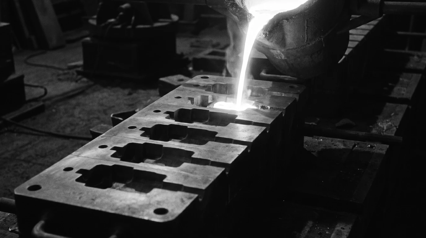 Molten metal pouring into one cavity of a steel mould lined with identical shapes