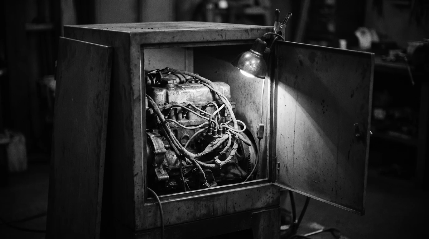 A plain metal cabinet with its door open, an older engine and tangled wiring inside lit by a clamp lamp