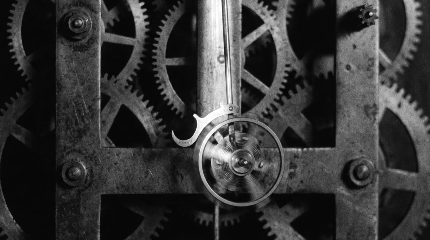 The exposed gear train of a clock, its small escapement caught mid-tick