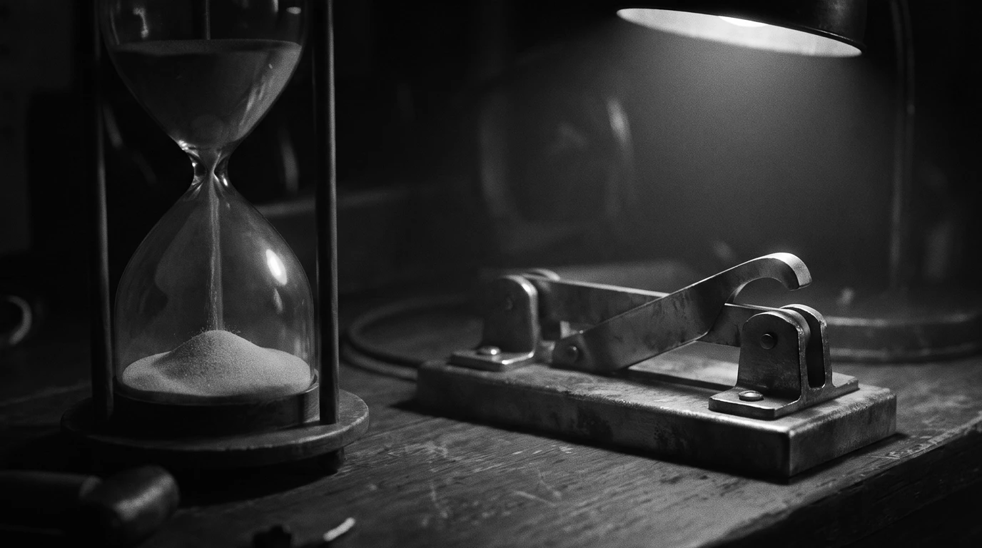 An hourglass draining sand beside a copper knife switch that is already thrown shut