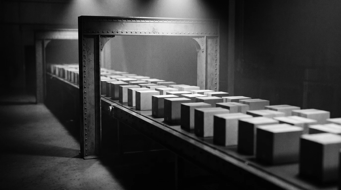 Identical parcels on a conveyor belt passing through a single steel inspection gate