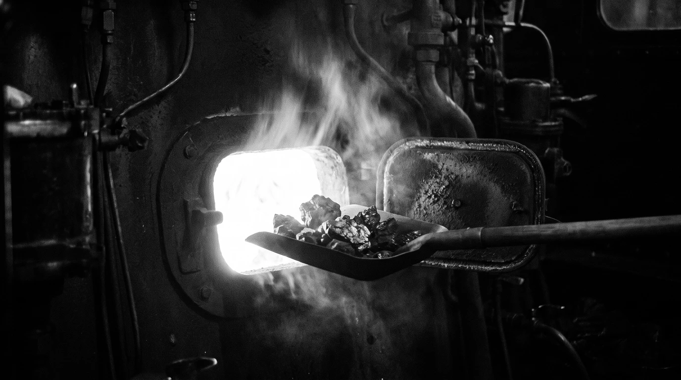 A shovel of coal entering the glowing firebox of an old steam engine