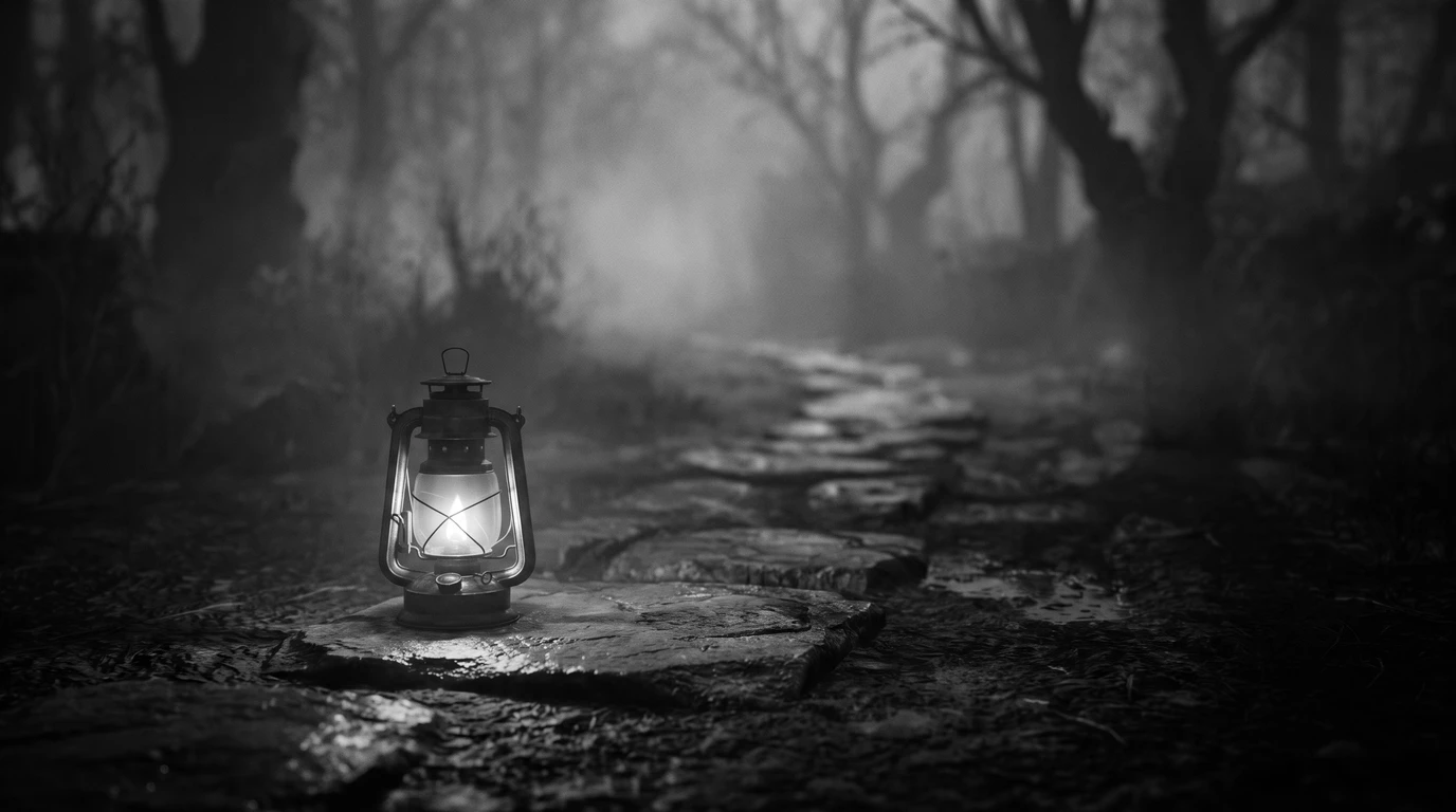 A lit lantern on the first stone of a narrow path that disappears into fog