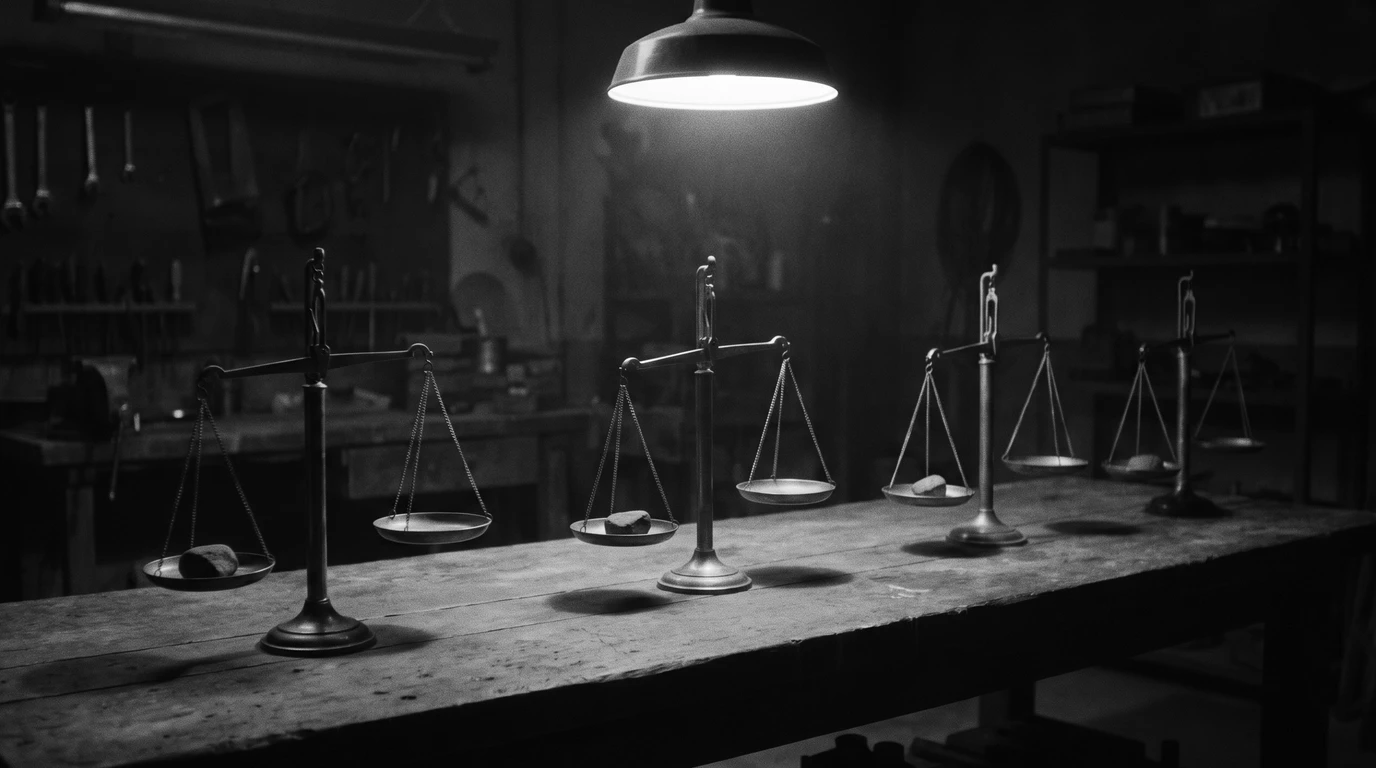 A row of brass balance scales on a workbench, each weighing a stone at the same moment under one lamp