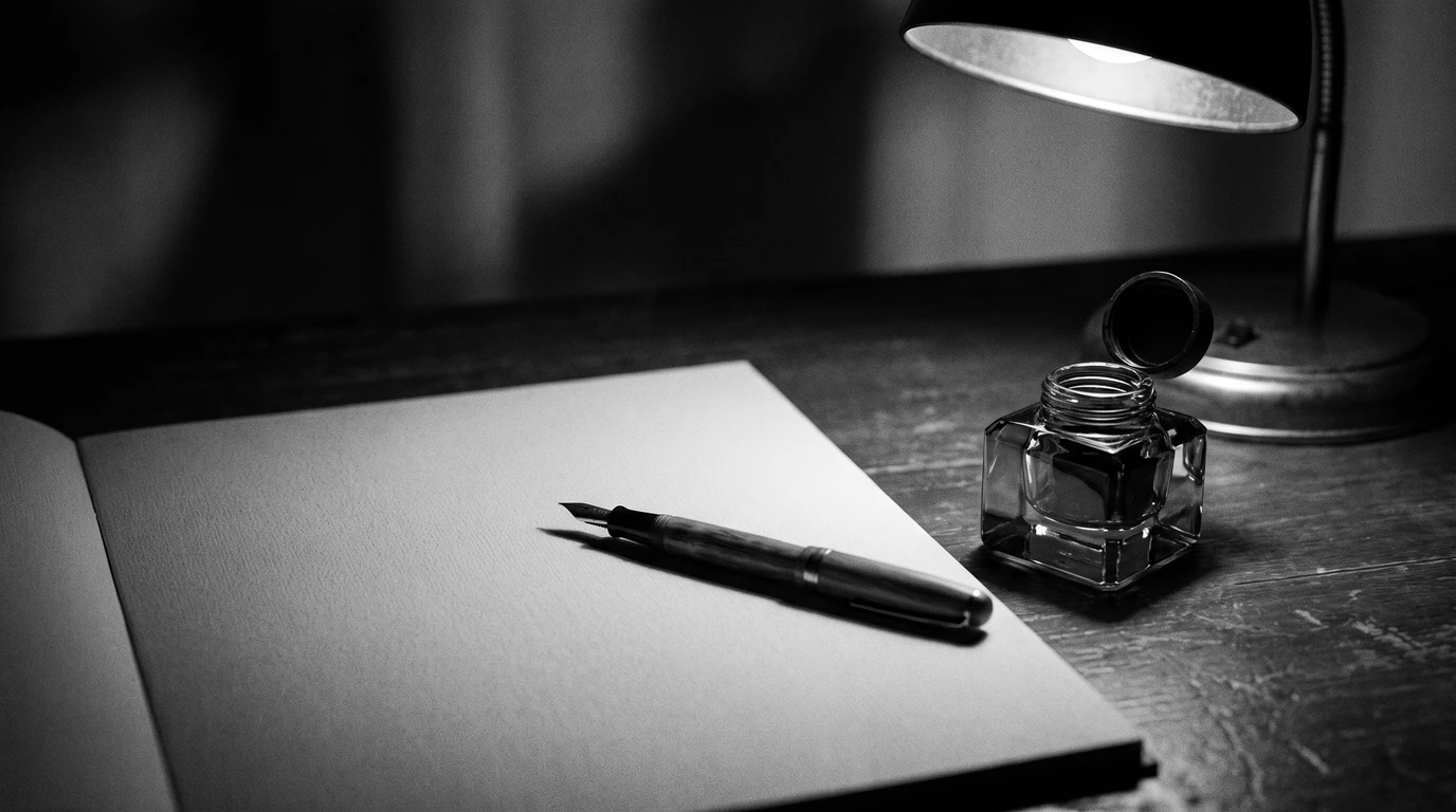 A fountain pen resting on a blank page beside an open inkwell under a desk lamp