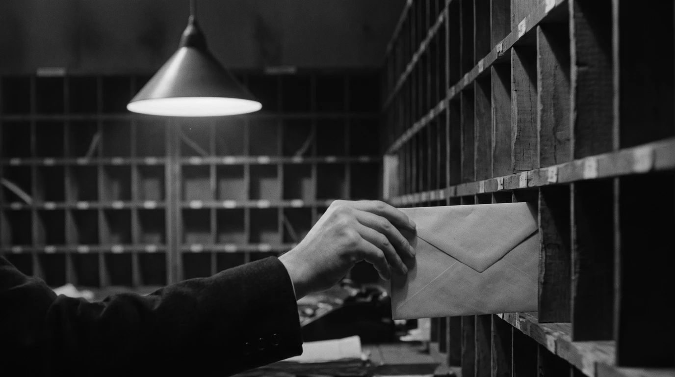 A hand sliding a blank envelope into one of hundreds of identical wooden pigeonholes under a hanging lamp