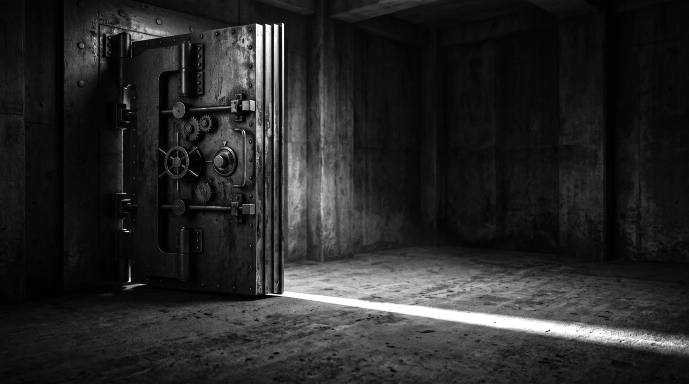 A heavy vault door standing ajar, a thin blade of light escaping across the floor
